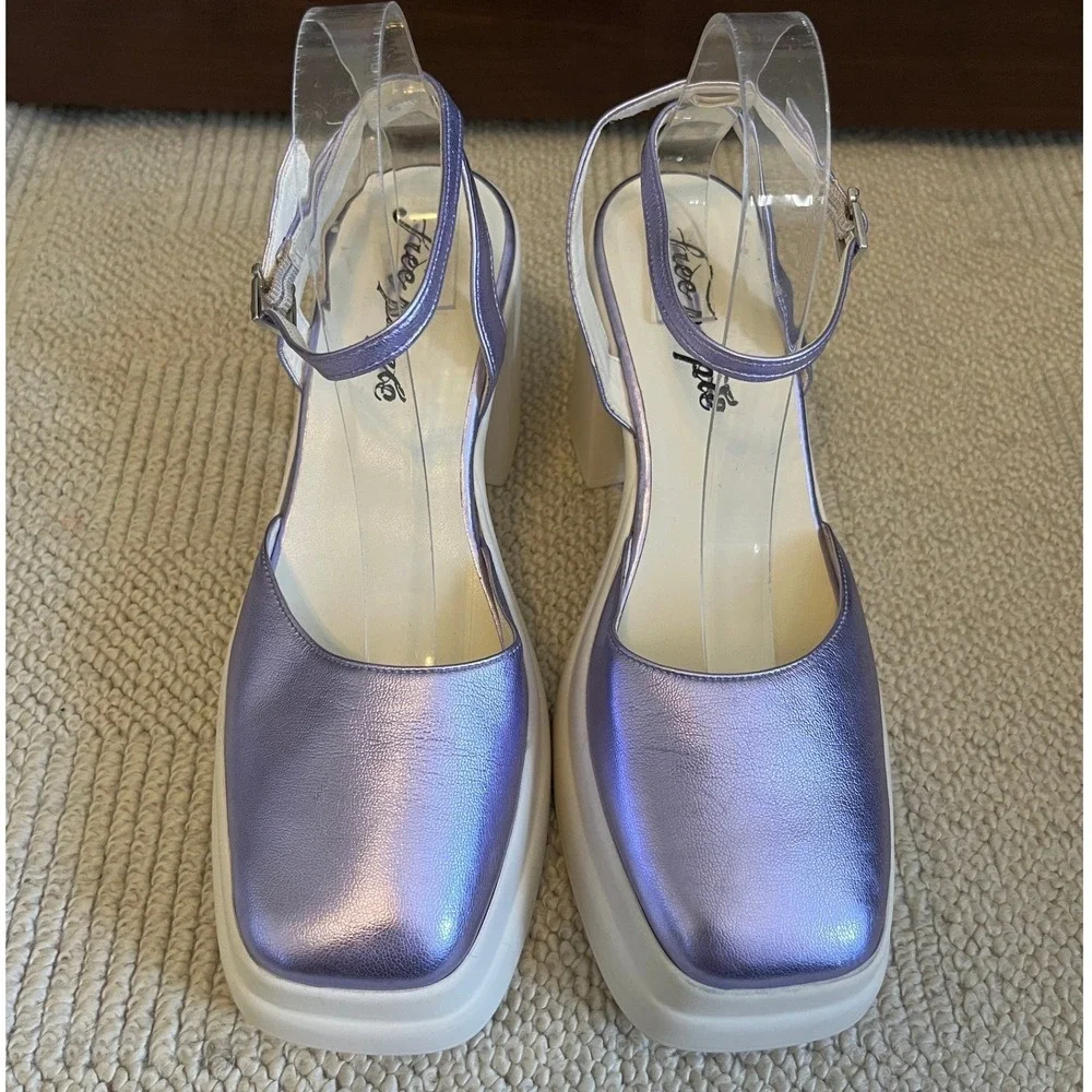 Free People Women Double Stacked Chunky Platform Leather‎ Mary Jane Purple sz 40